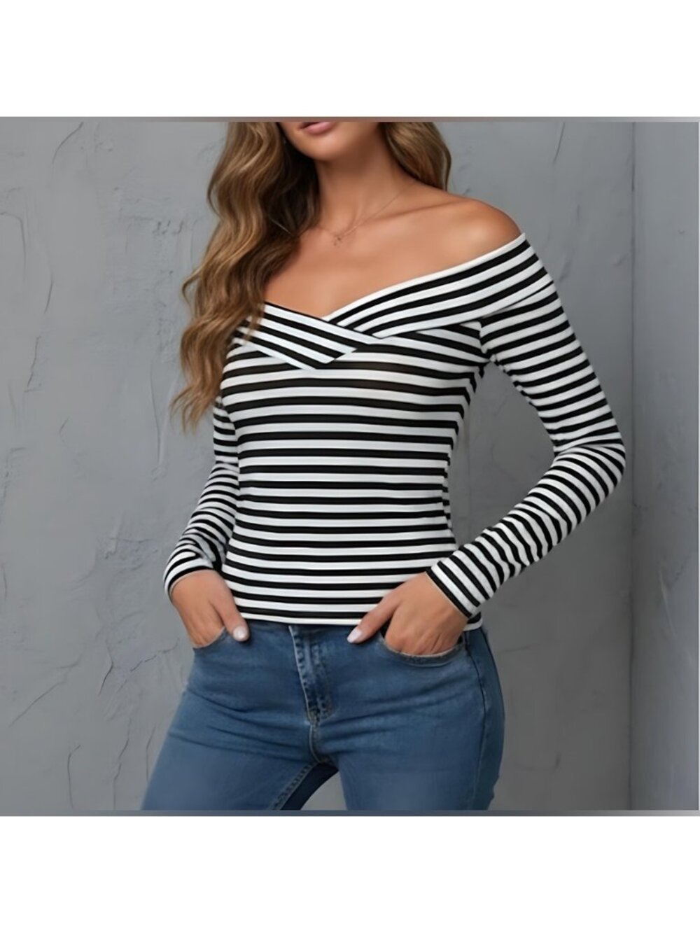 Striped Print Off Shoulder Tee - Picture 3 of 5